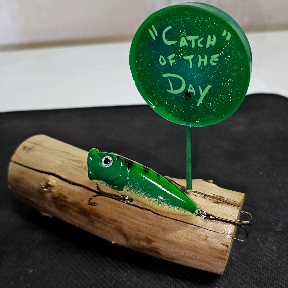 Fishing Lure Gift "Catch of the Day" log display handmade functional art #1
